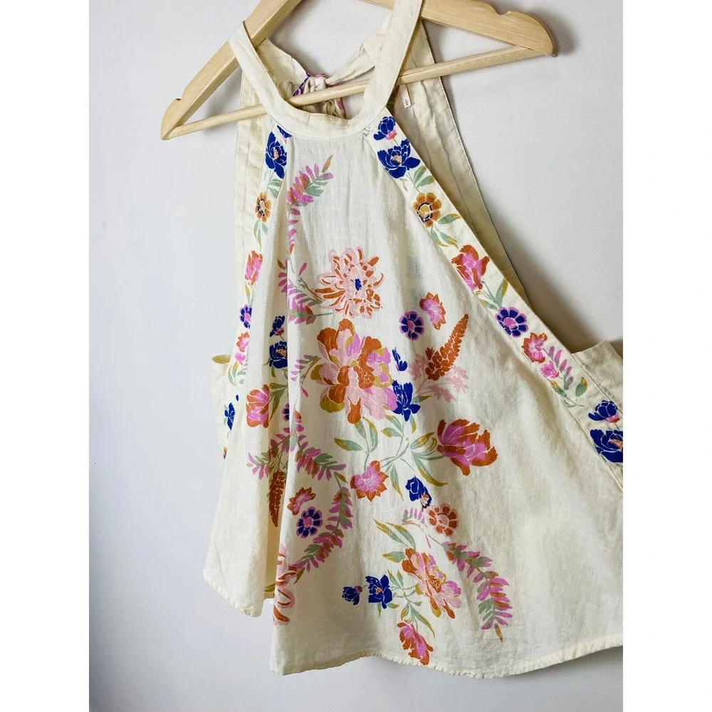 Free People Emily Floral Halter Tie-Back Top Ivory Cotton Gauze OB1434194 Large